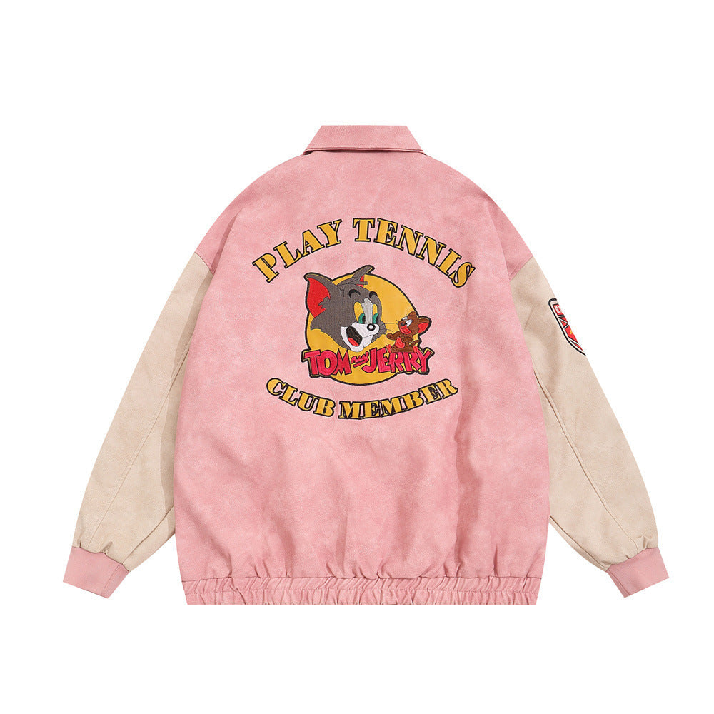 Men's Cartoon Embroidered Cat and Mouse Baseball Jacket
