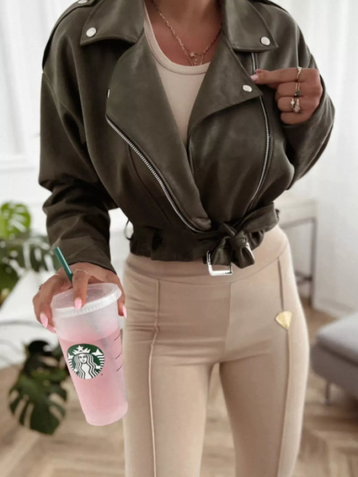 Cropped Biker Jacket with Belt Detail