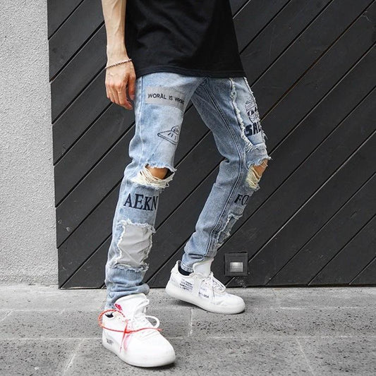 Pantalones vaqueros de tela con parches en la rodilla para hombre