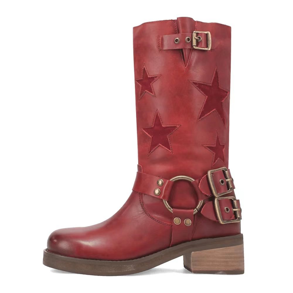 Stitched Belt Buckle Low-Heeled Ankle Boots