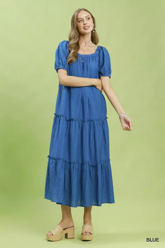 Umgee Textured Tiered Midi Dress in Blue