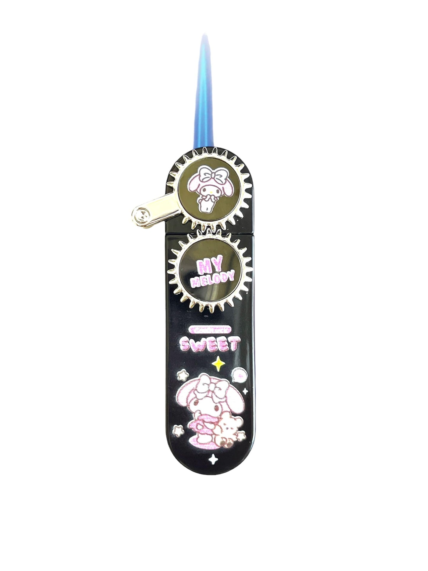 NIVEK Rocker Arm Lighter Gear Dial Lighter Kitty KT Cat Melody Kulomi Japanese Character Kawaii Blue Flame Jet Torch Refillable Black with Silver Rocker Dial (Melody)