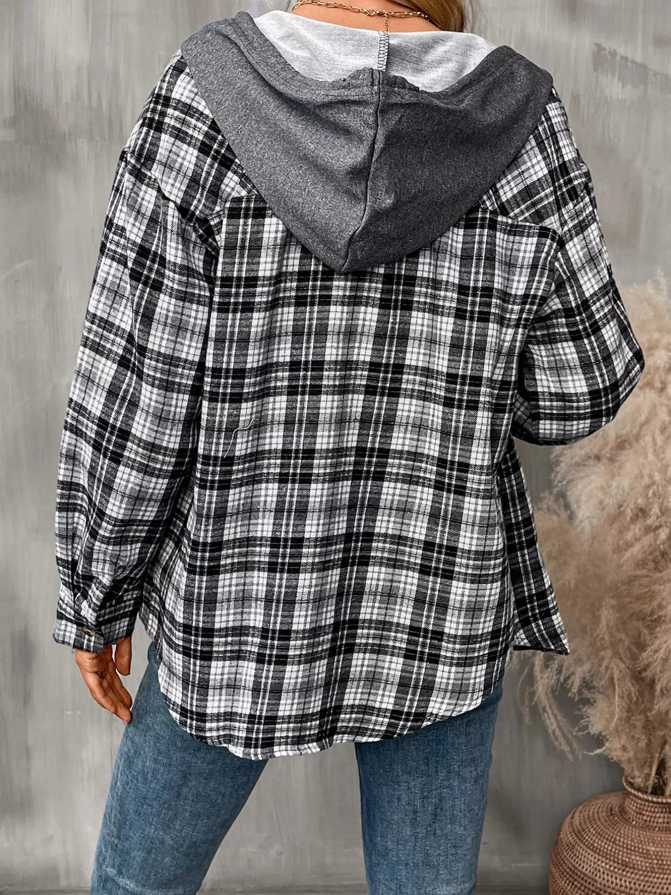 Plaid Button-Up Hooded Shirt with Chest Pocket