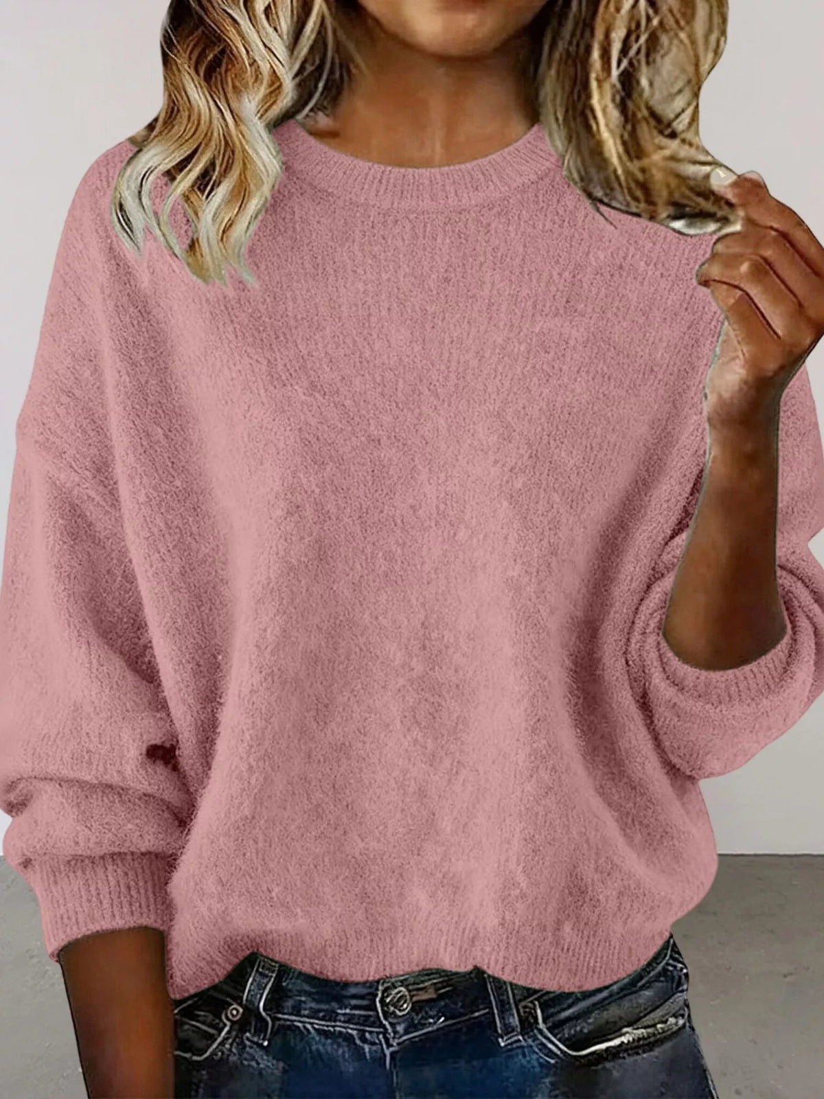 Full Size Round Neck Dropped Shoulder Sweater Plus Size