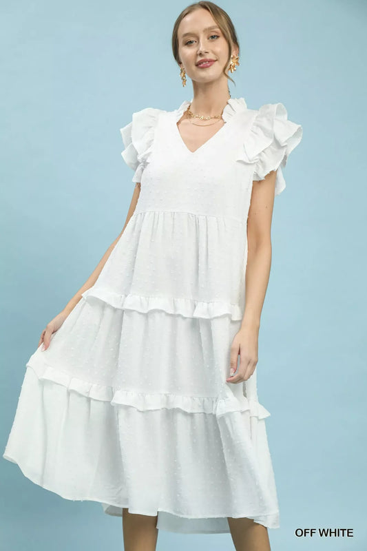 Umgee Textured Ruffle Sleeve Tiered Midi Dress in Off White