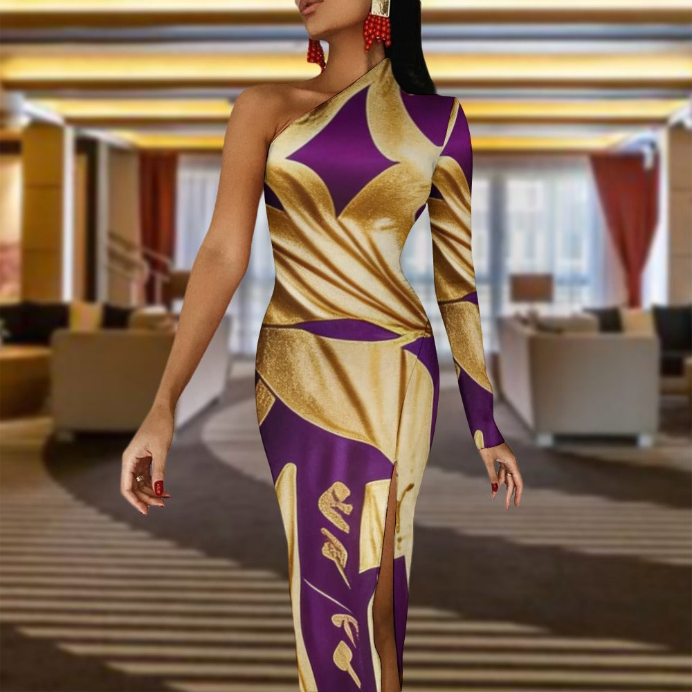 Sexy gold and purple Egyptian designed patterned Half Sleeve Slit Dress Designs By Kiekie