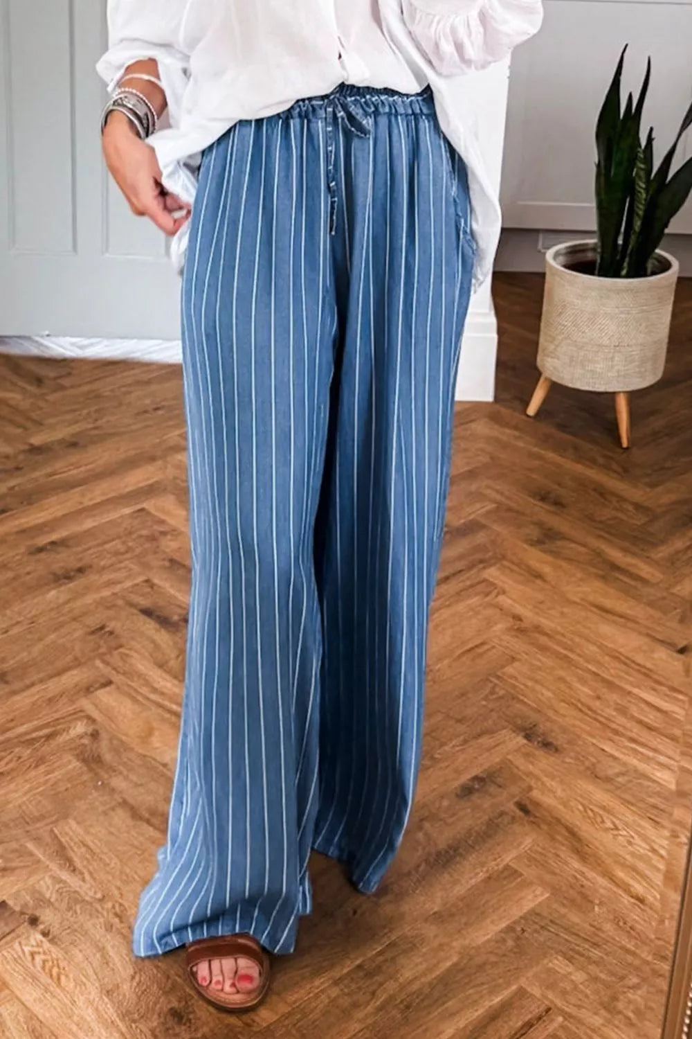 Stripe Chambray Wide Leg Tied Elastic Waist Jeans
