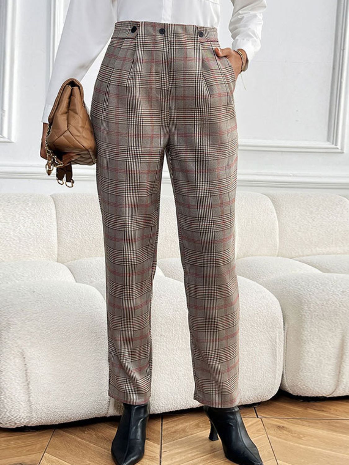 Pantalones Rectos Perfee de Cuadros con Bolsillos