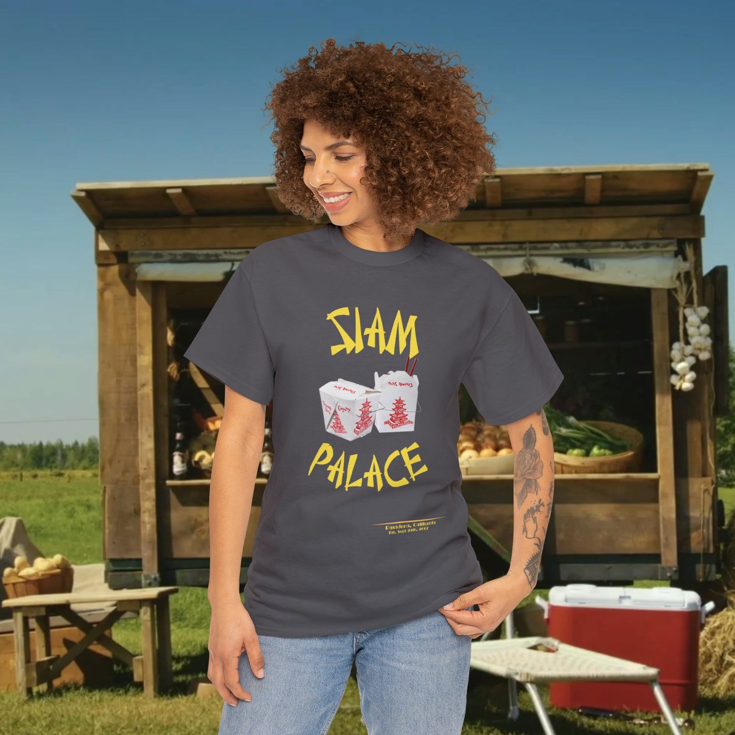 "DirkyThreadz Siam Palace T-Shirt - Bold Takeout Graphic Design in Black Cotton"