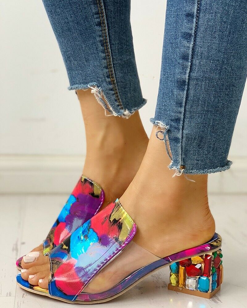 Fish Mouth Rhinestone Thick Heel Sandals