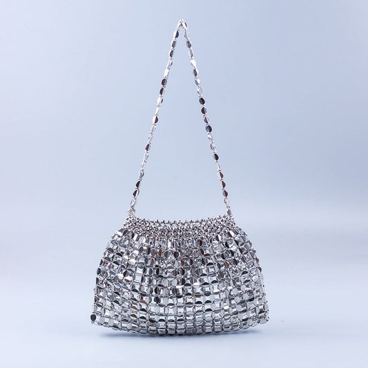Bolso de hombro de moda, grande, tipo "dumpling", tejido, con cuentas planas hechas a mano. Consulte la tabla de tallas en "más detalles".