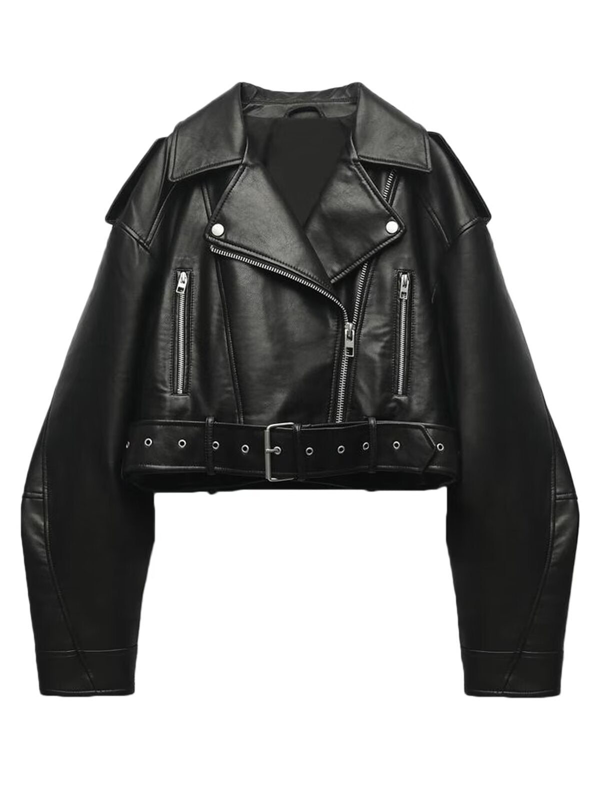 Womens Retro Short-belted Biker Jacket