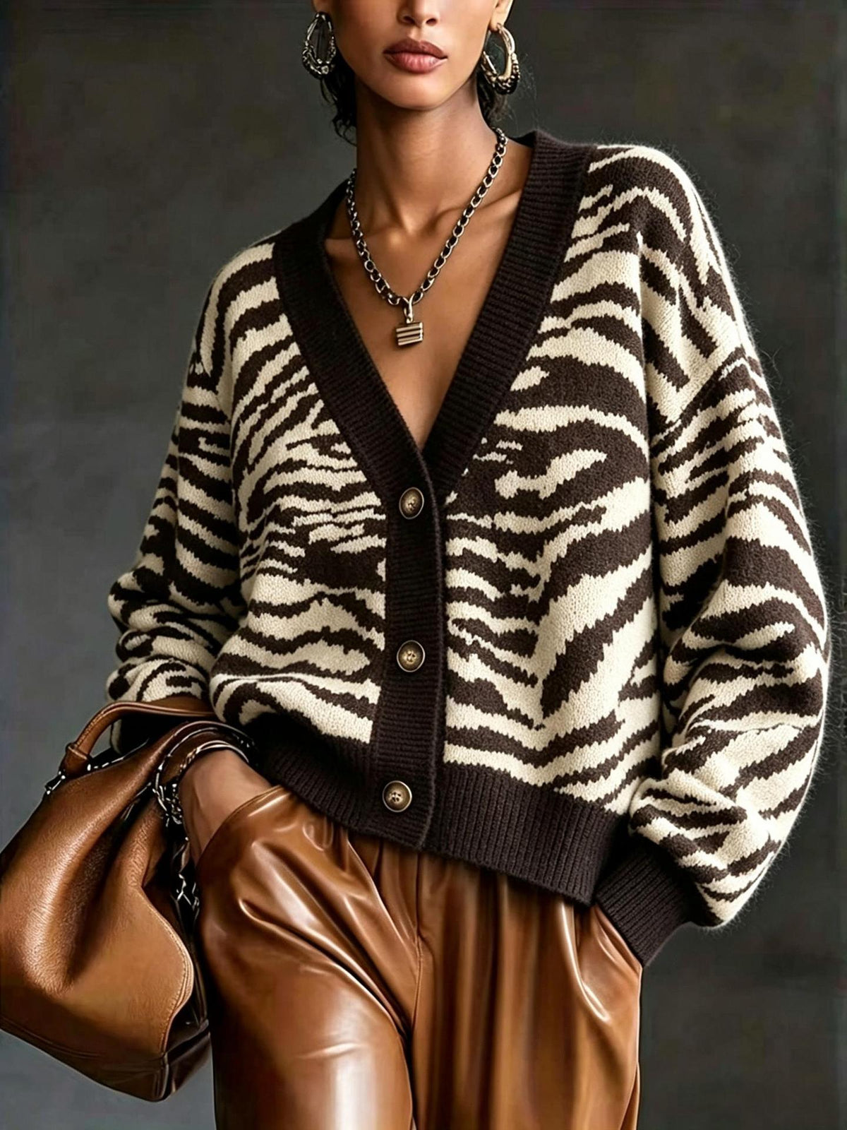 Women's Zebra Striped Knit Cardigan, 2026 Fall Winter Loose Long Sleeve Button Down Sweater, Casual Lazy Style Knit Outerwear