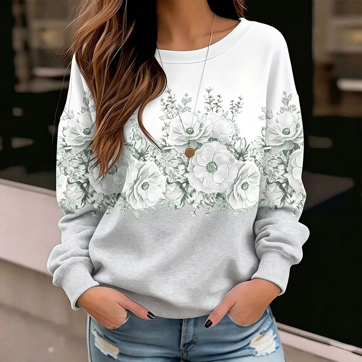 Women's Round-neck Floral Print Sweatshirt, Loose Fit, Dropped Shoulders, Long Sleeves, Casual Pullover Top, Patchwork Design With Contrasting Colors