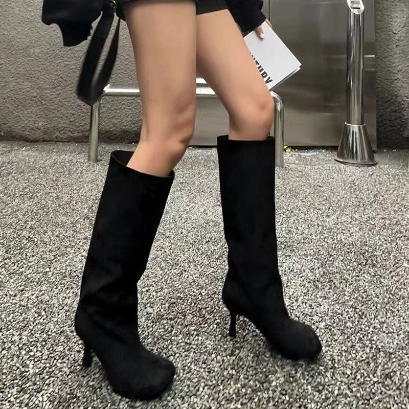 Simple Stitching Square Head High-Heel Boots