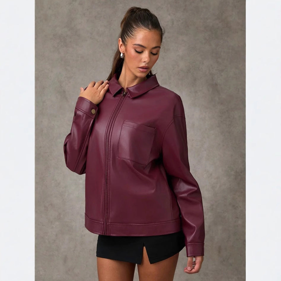 High-end Sophisticated Leather Jacket With A Lapel Collar And Zipper-front Cardigan Top