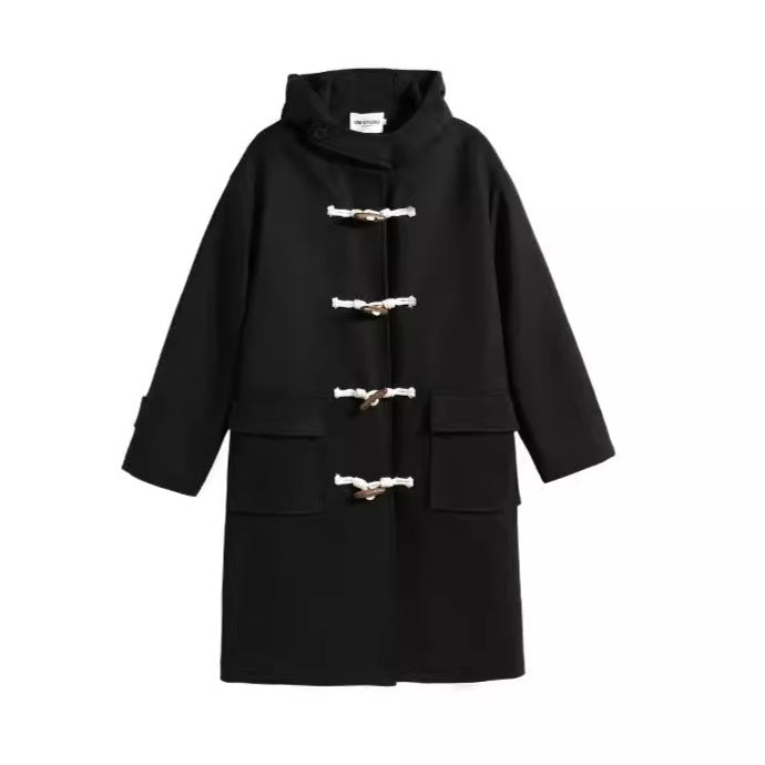Long Black Toggle Button Wool Coat Women's Woolen Coat