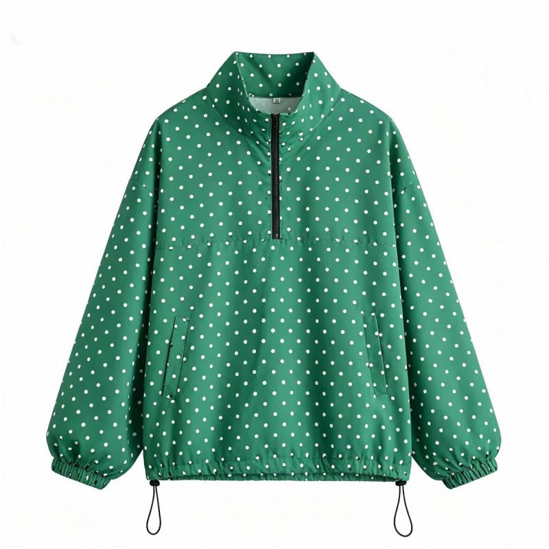 Fashionable Polka-dot Half-zip Loose-fit Hoodie Jacket