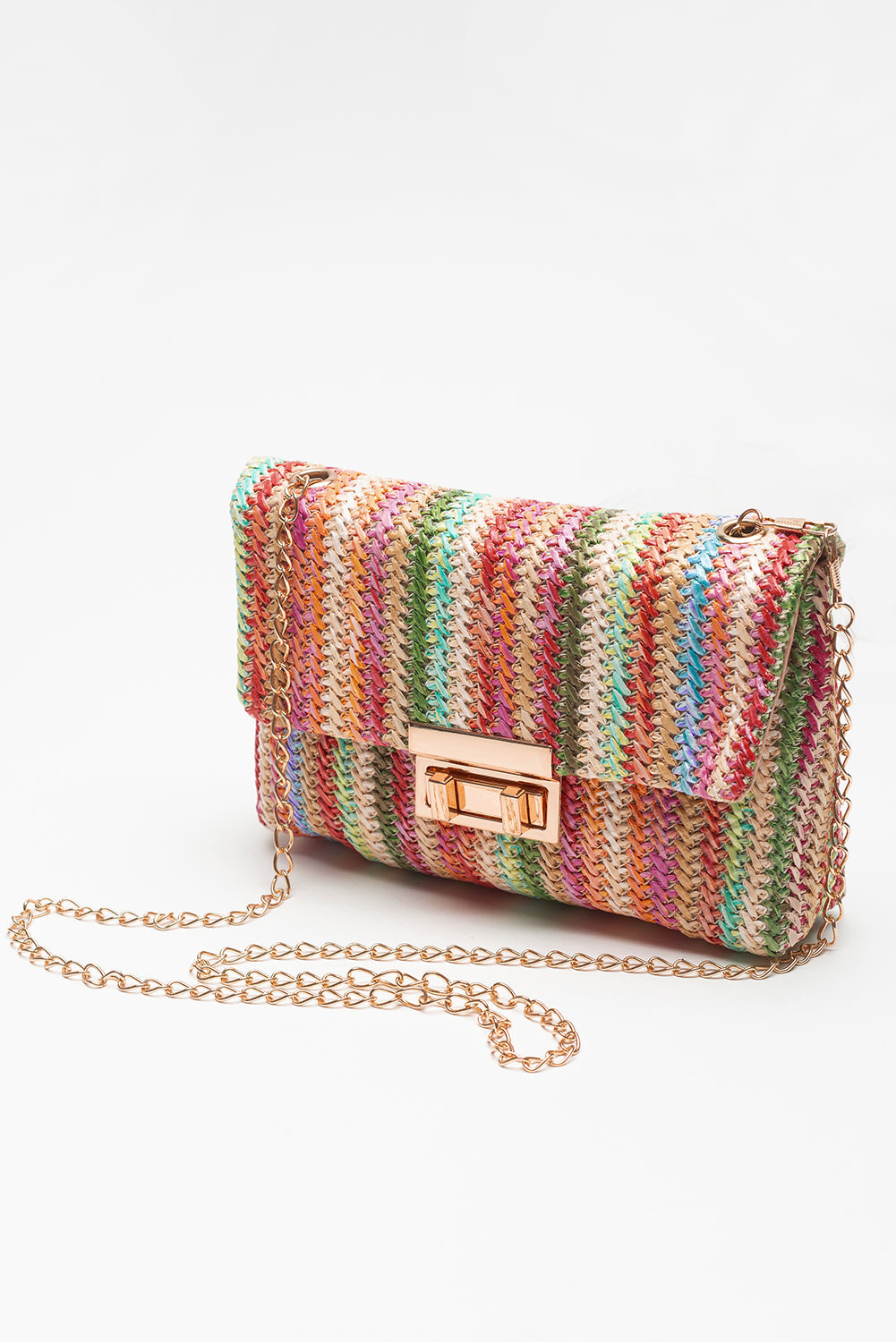 Bolso de Hombro Único con Solapa Rayado y Tejido Color Camel