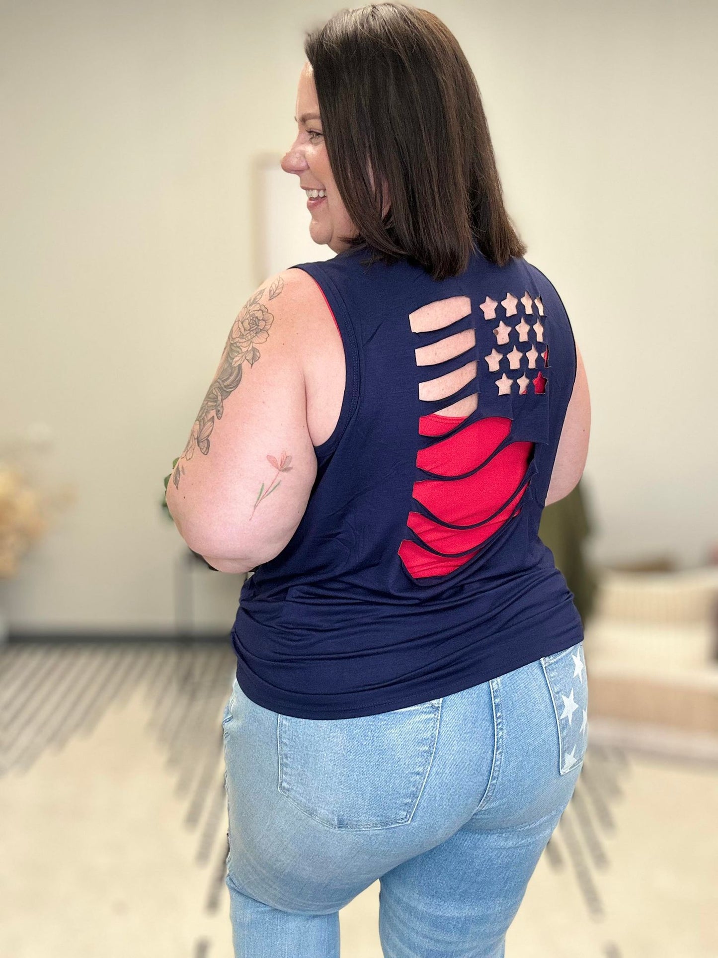 Camiseta sin mangas "Land of the Free" en azul marino