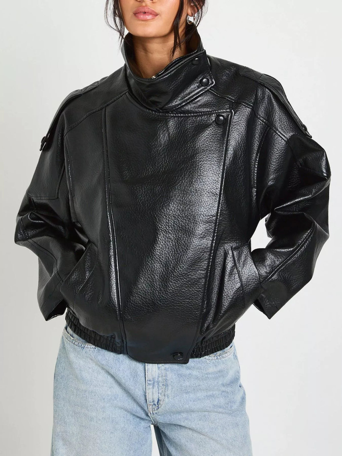 Faux Leather Moto Jacket with Asymmetrical Zip