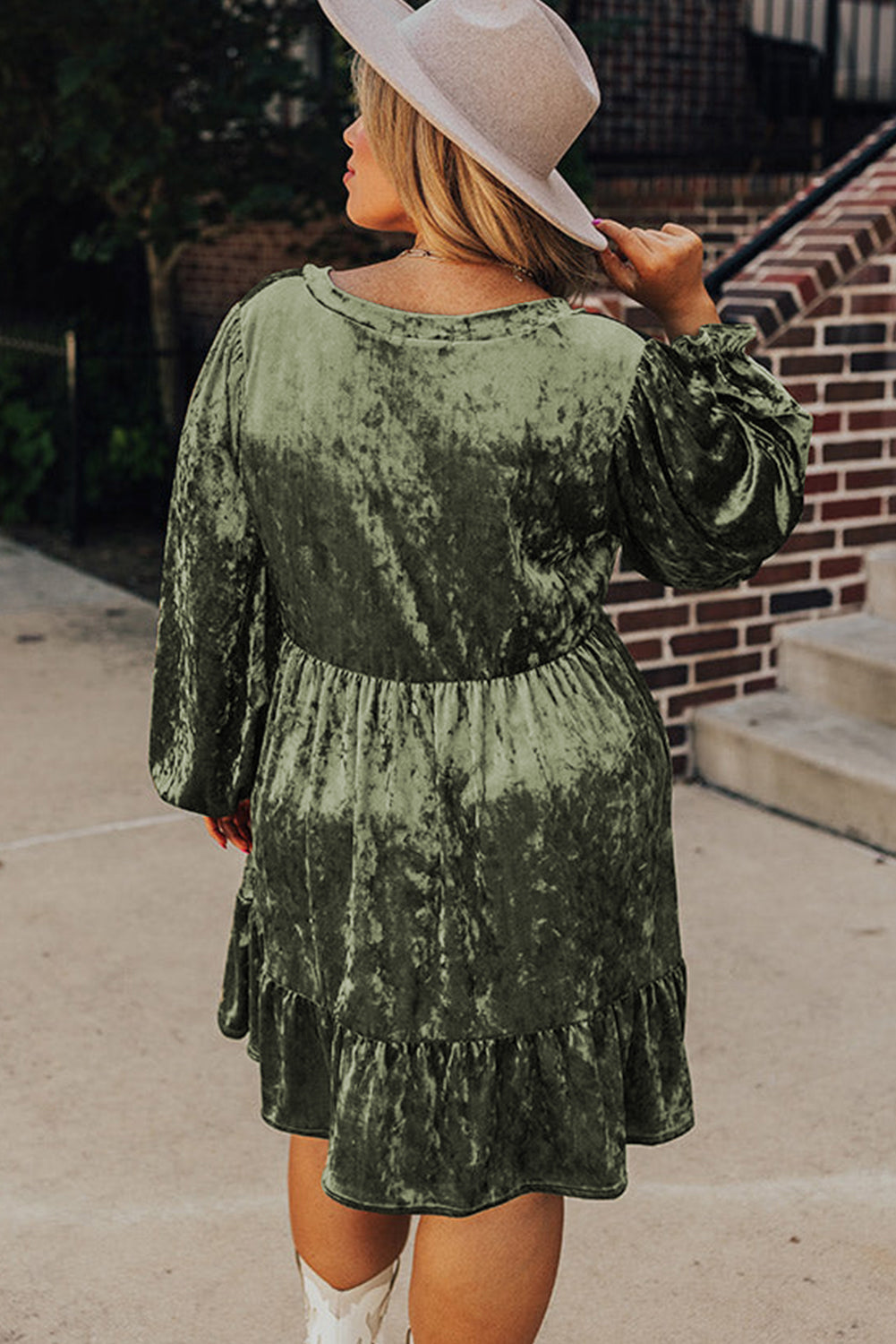 Minivestido Babydoll de Terciopelo Talla Grande Verde Jungla