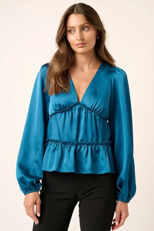 Blusa de Satén para Mujer - Blusa con Cuello en V y Volantes en Capas - Top Elegante para Oficina y Citas