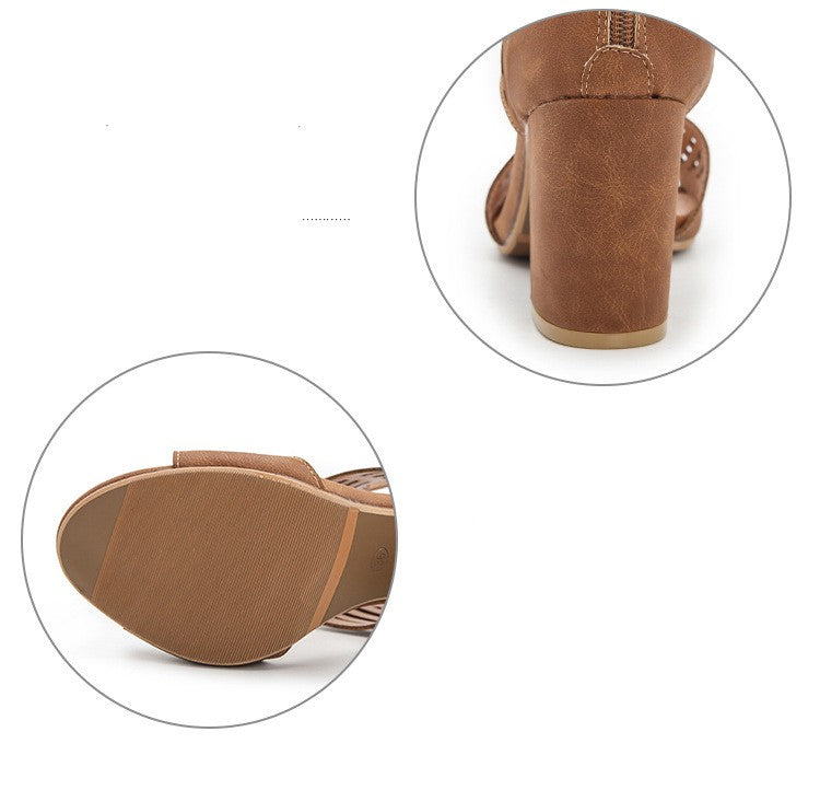 Women's Hollow Peep Toe Block Heel Sandals