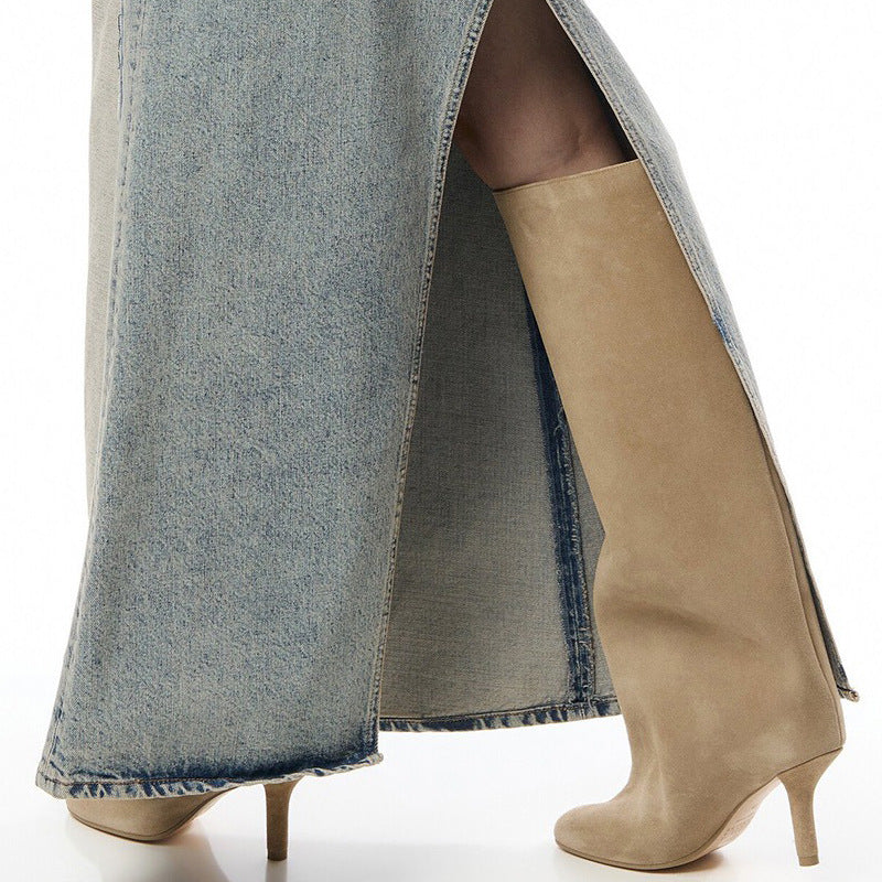 Simple Stitching Square Head High-Heel Boots