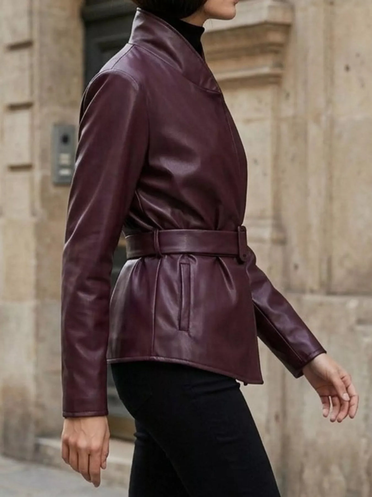 Faux Leather Belted Jacket