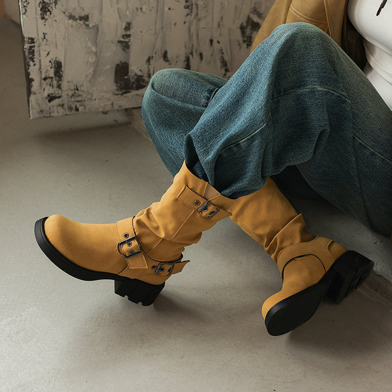 Retro Western Style Cowboy Millennial Inspired Mid Calf Platform Boots