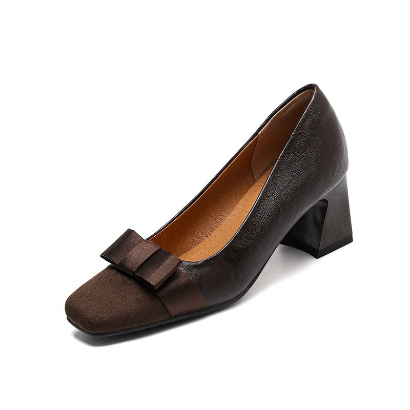 Women's Retro Square-Toe Chunky Heel Bow Pumps