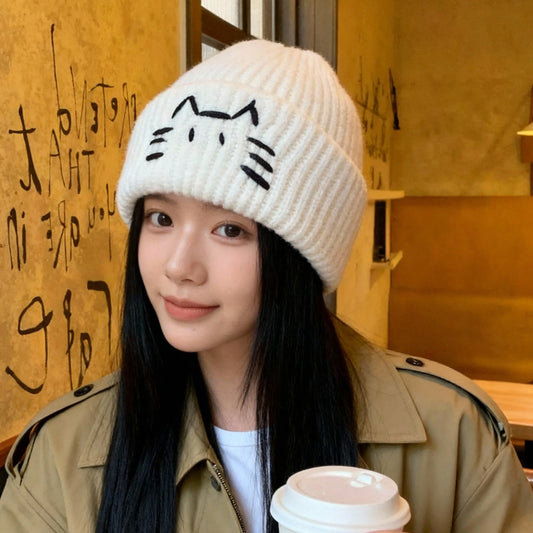 Gorro de punto con diseño de gato para mujer – Gorro cálido de otoño e invierno
