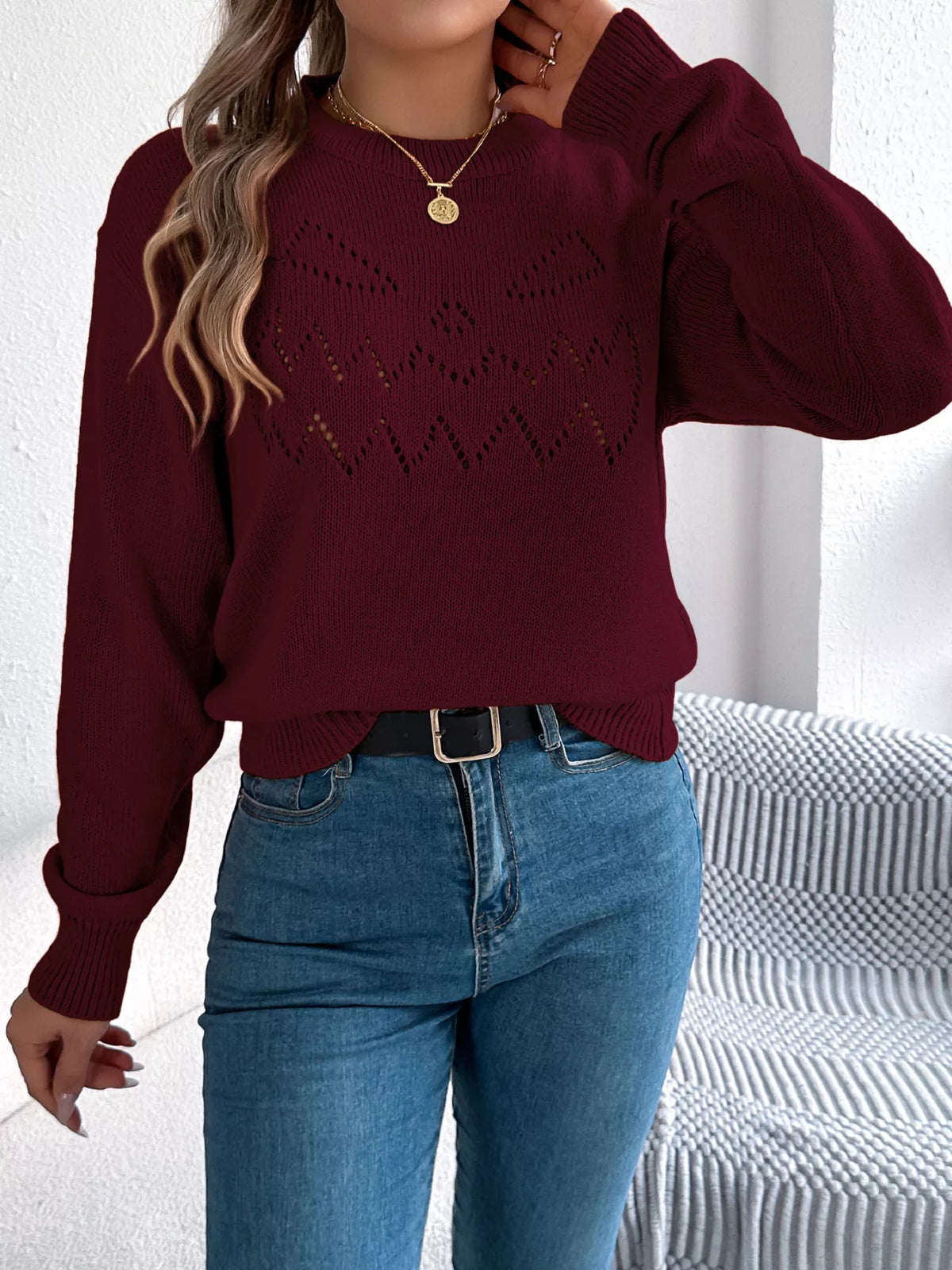 Openwork Round Neck Long Sleeve Sweater