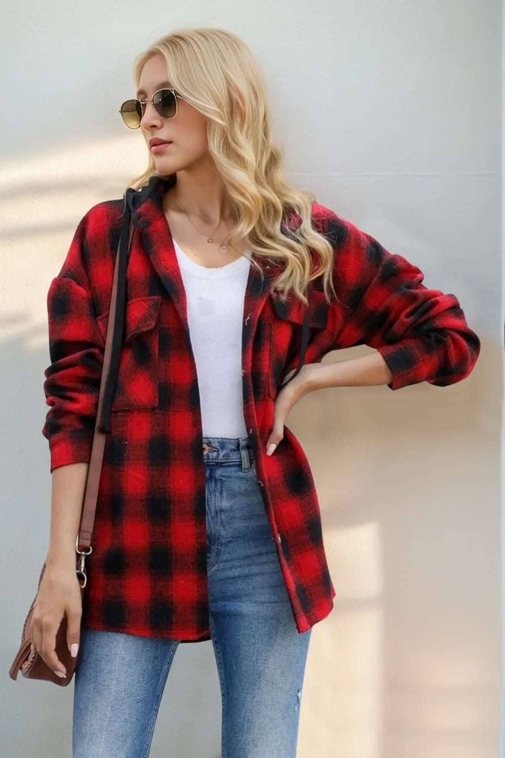 Chaqueta de cuadros con capucha, mangas largas y cordón ajustable Double Take
