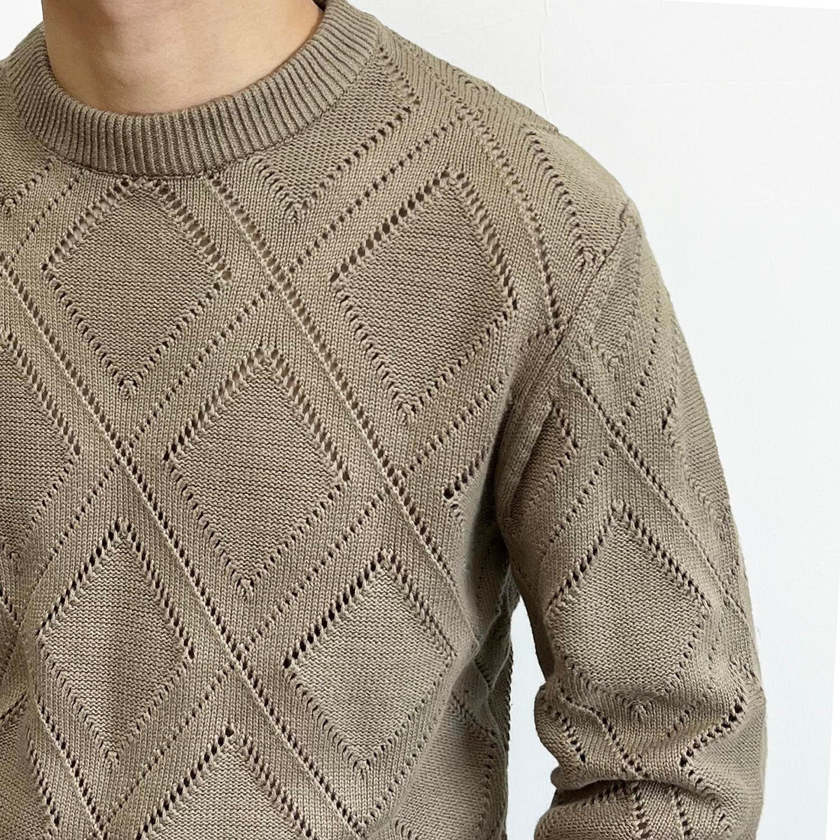 Popular Solid-color Diamond-pattern Casual Cotton Knit Sweater