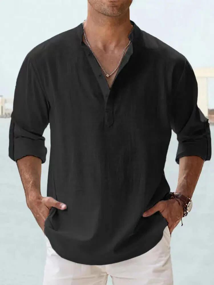 Men's Cotton Linen Shirt – Loose Fit Long Sleeve Casual Top