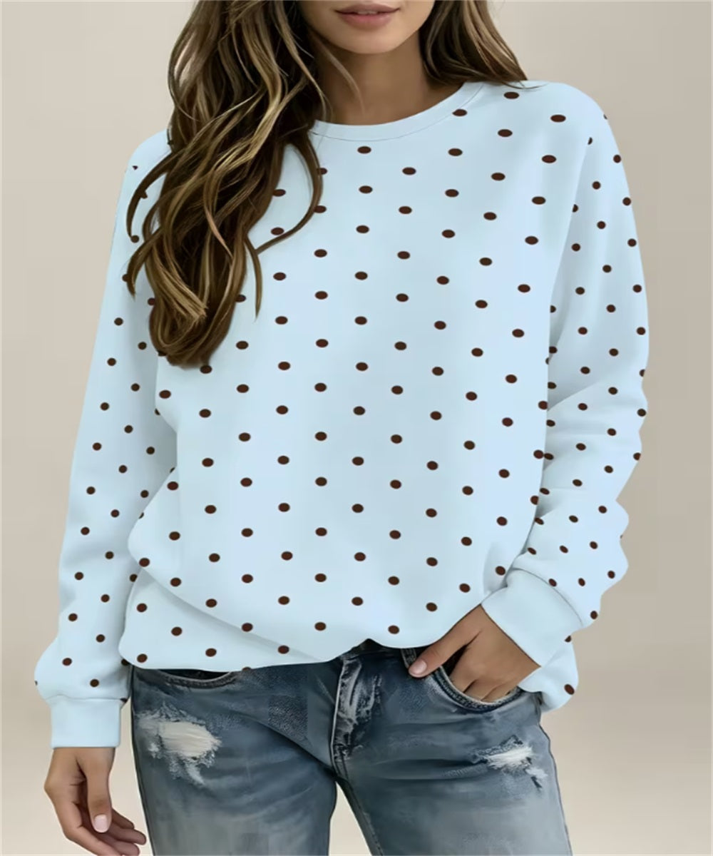 Women's Brown Polka Dot Print Crew Neck Sweatshirt, Light Blue Long Sleeve Pullover Top