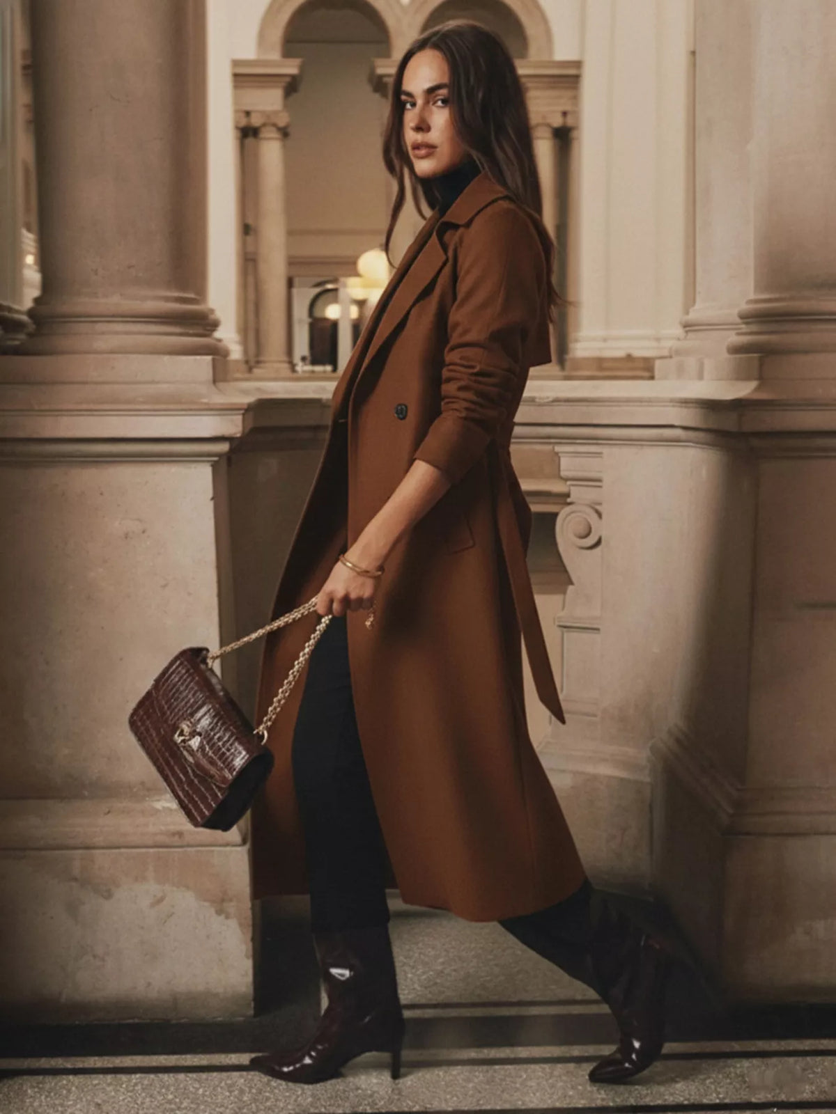 Lapel Collar Belted Wool Blend Coat