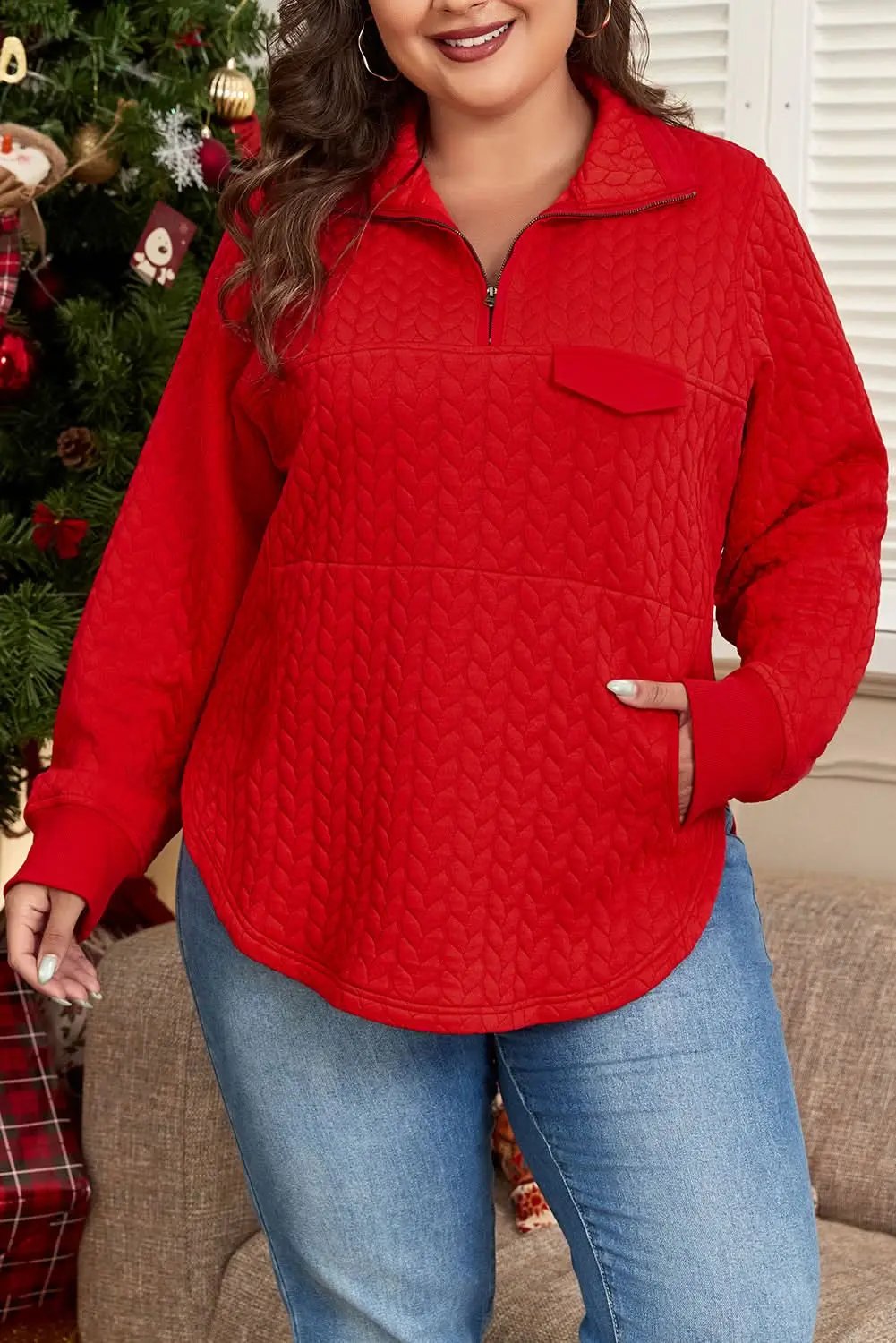 Love Salve Women's Plus Size Cable Knit Pullover — Quarter Zip Sweater