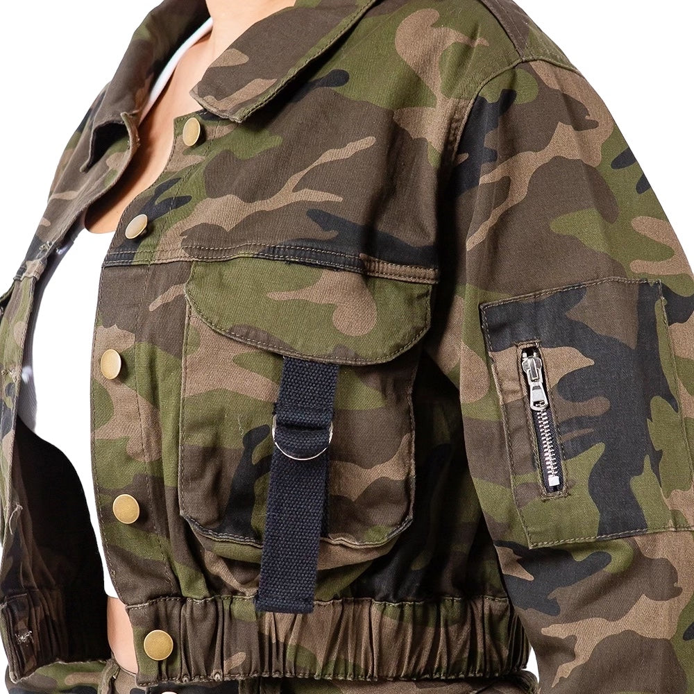 Chaqueta Corta de Camuflaje con Bolsillo Utilitario y Correa -{Pantalones Jogger a Juego Disponibles -Enlace en la Descripción}