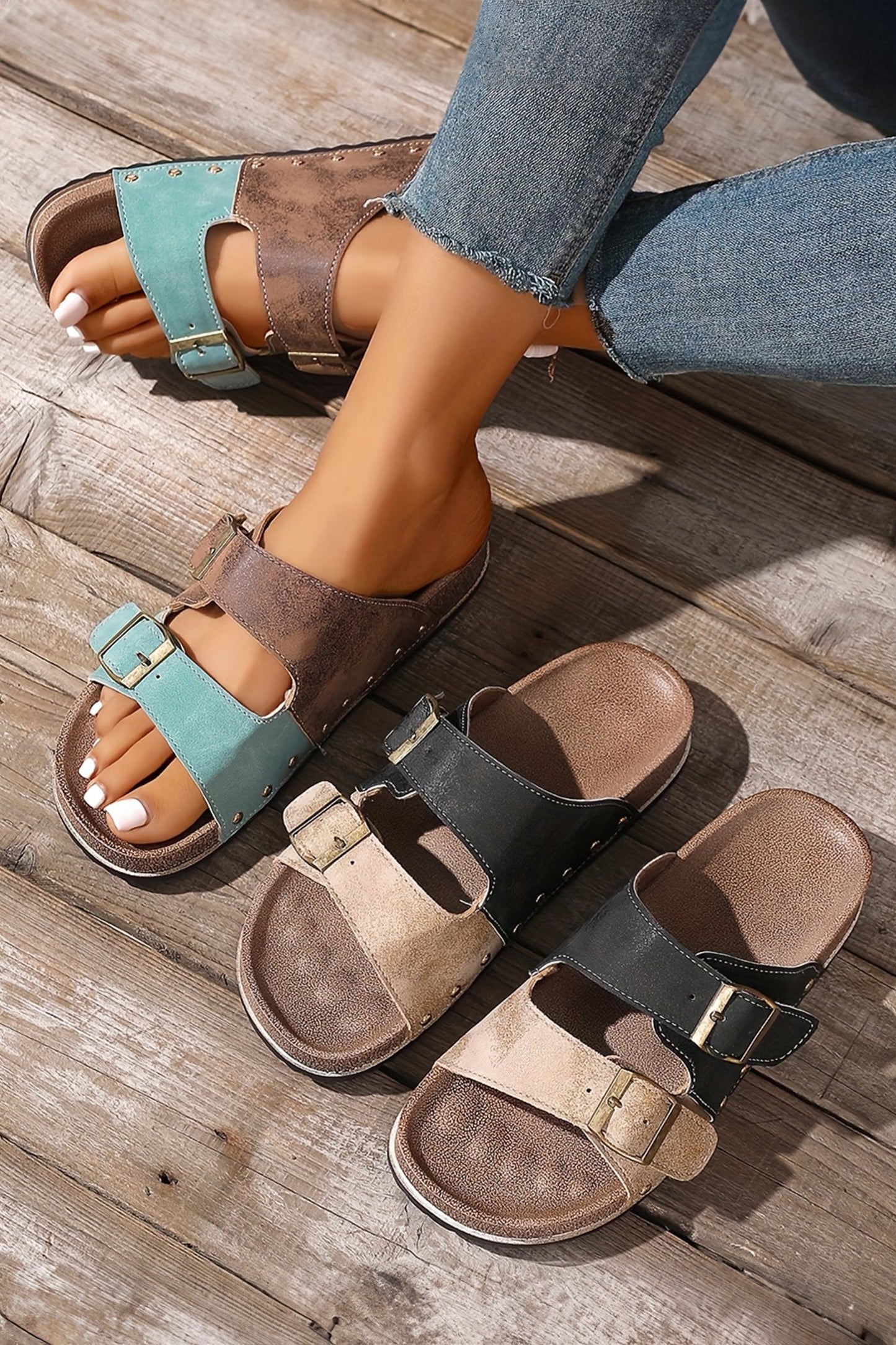Coffee Two-tone Retro Buckle Straps Hollowed Faux Suede Slippers