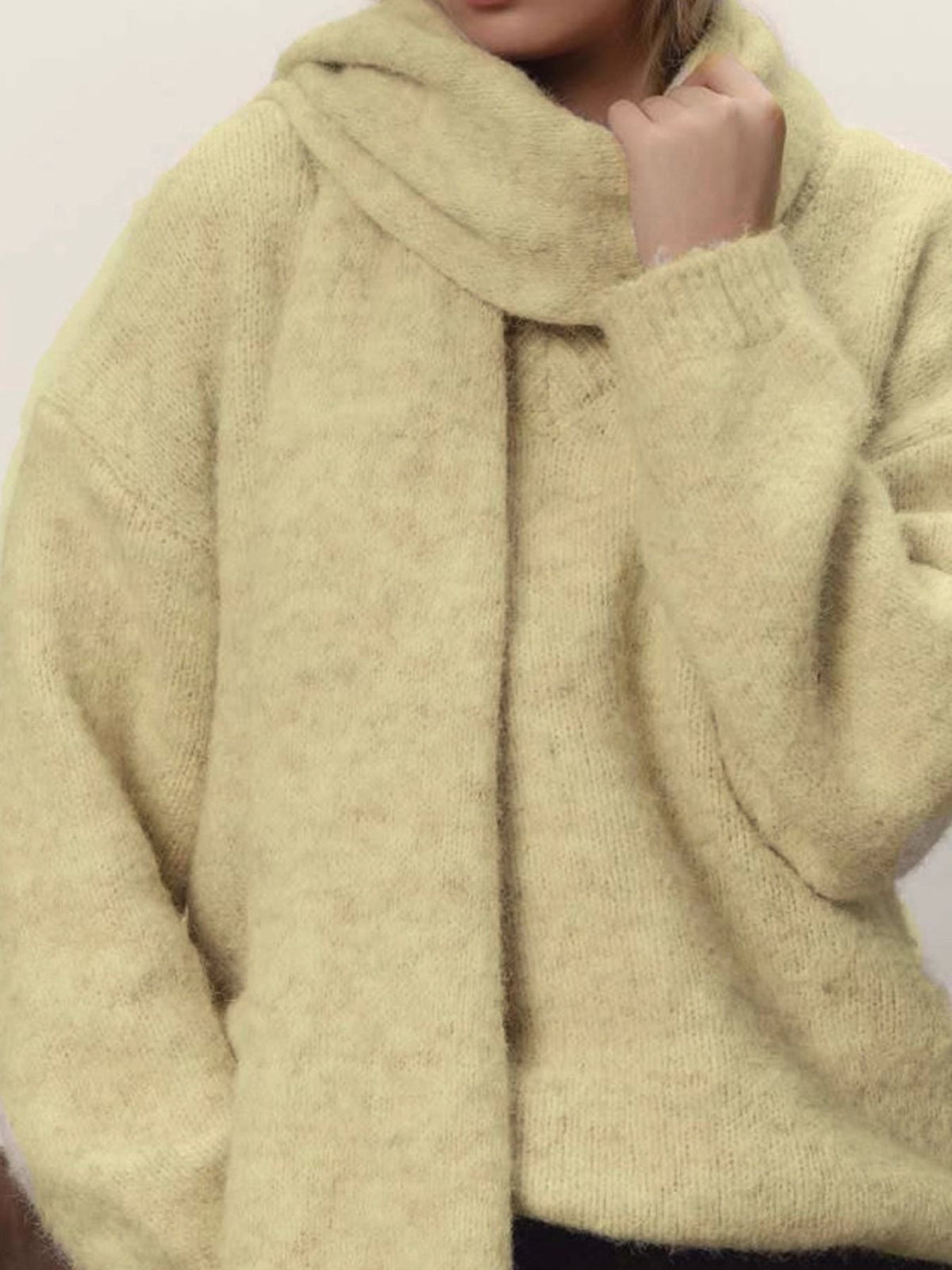 Oversized V-Neck Dropped Shoulder Sweater with Scarf