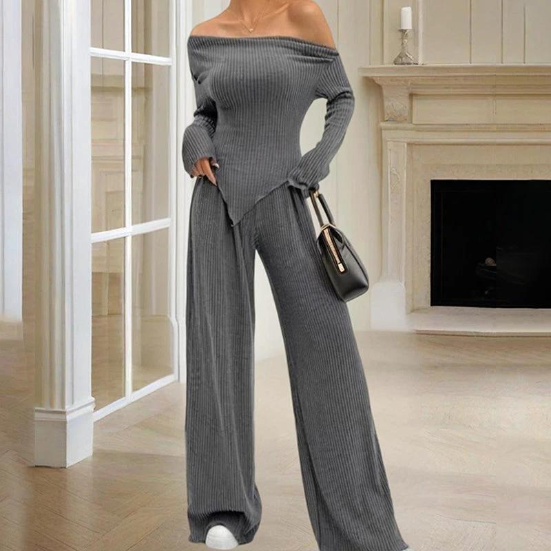 Women's Solid Color Off-Shoulder Long Sleeve Top & Pants Set - Elegant Asymmetrical Hem & Ruffes Cuff Casual Outfit