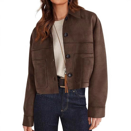 Women's Faux Suede Short Jacket Lightweight Casual Winter Autumn Outerwear Clothing