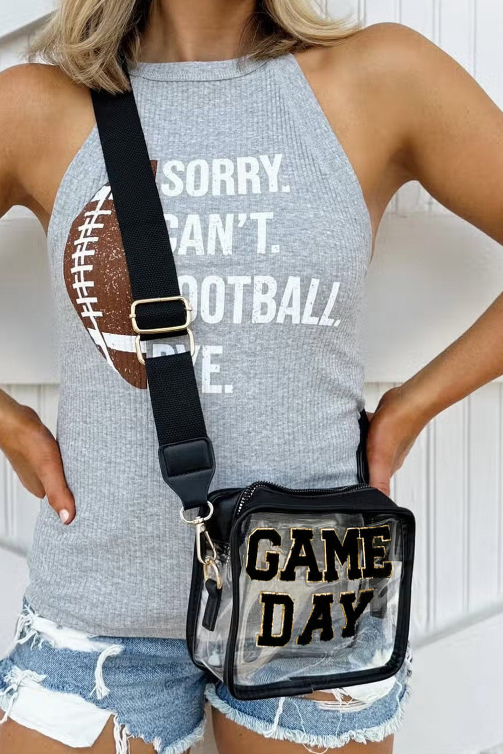 Bolso Transparente Negro de Chenilla con Patrón GAME DAY