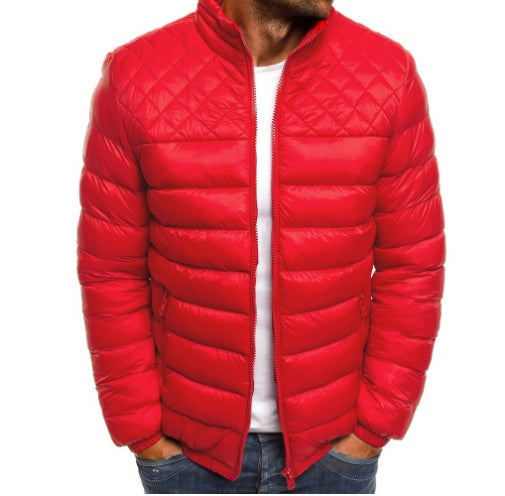 Chaqueta de invierno para hombre, color liso, cuello alto, diseño de costura de rombos, abrigo informal de negocios