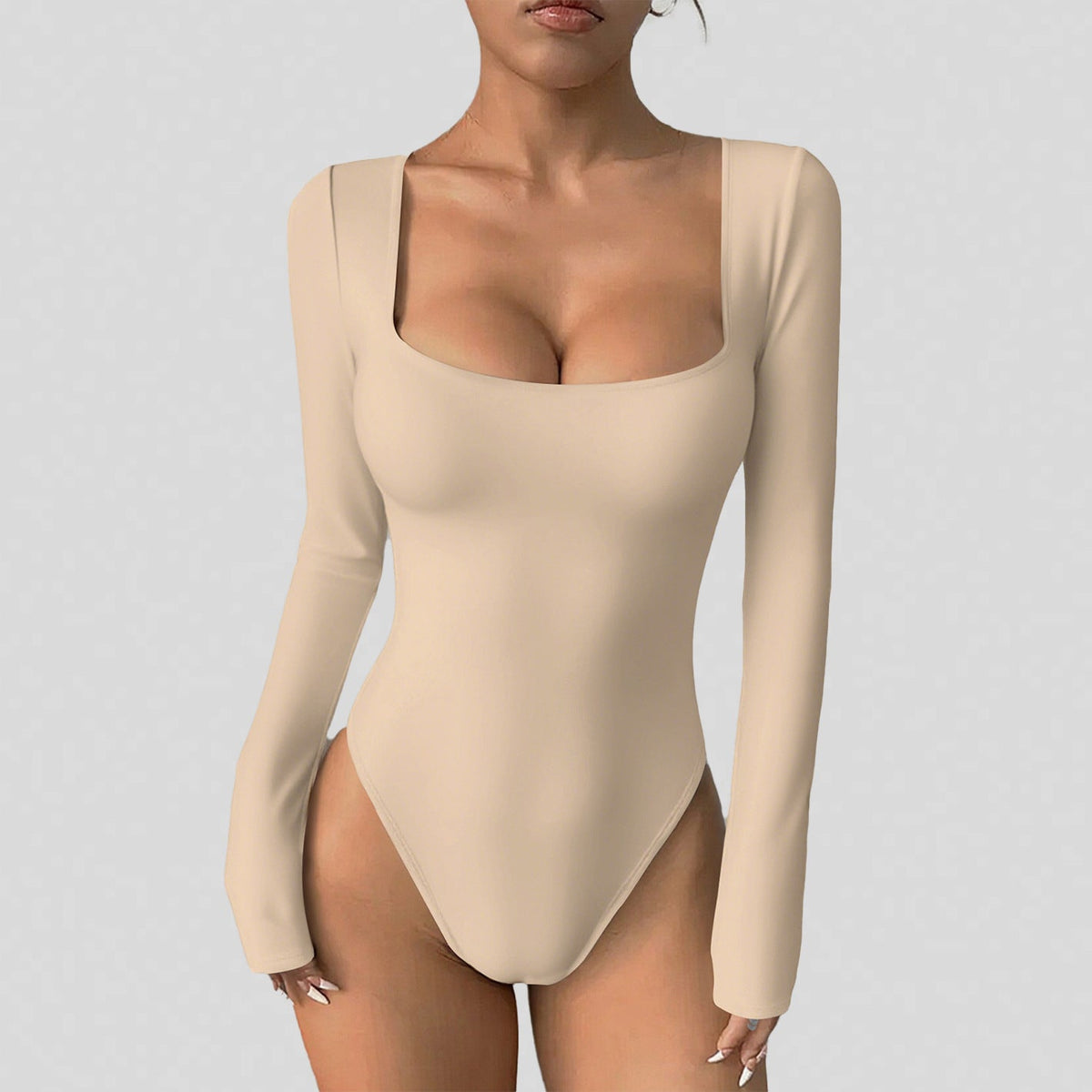 Women Square Neck Long Sleeve One-Piece Yoga Bodysuit Stretchy Tight Integrated Jumpsuit Fitness Workout Outfit