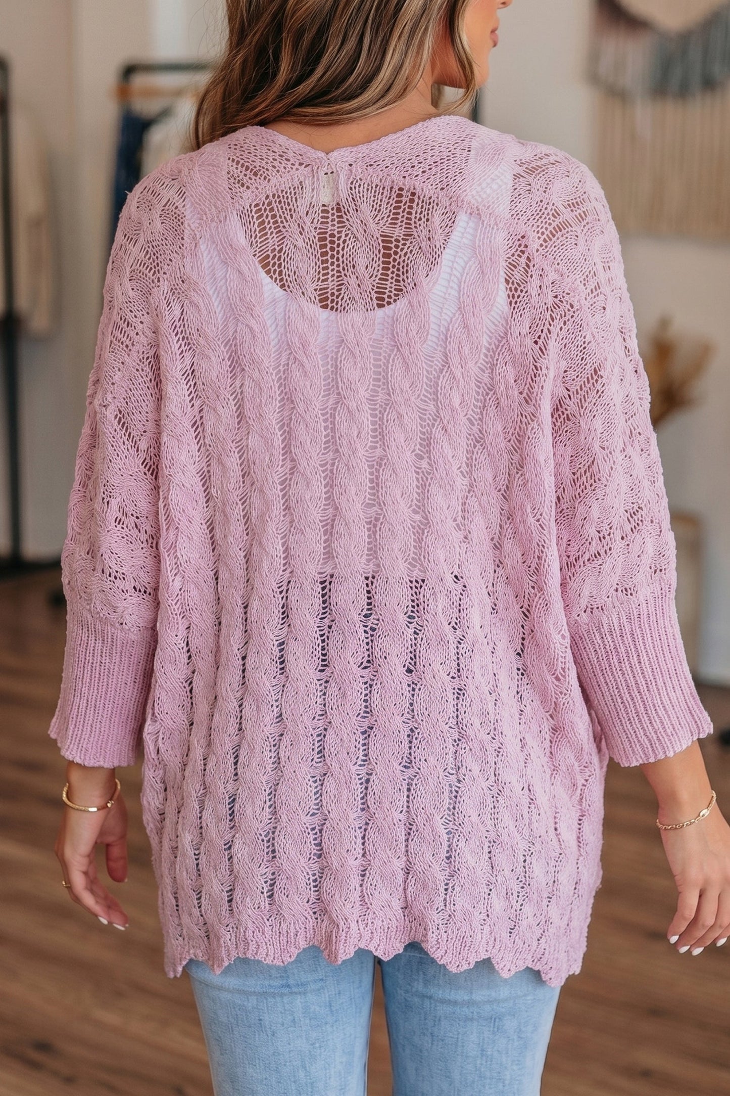 Old Rose Drop Shoulder Crochet Knit Open Front Cardigan