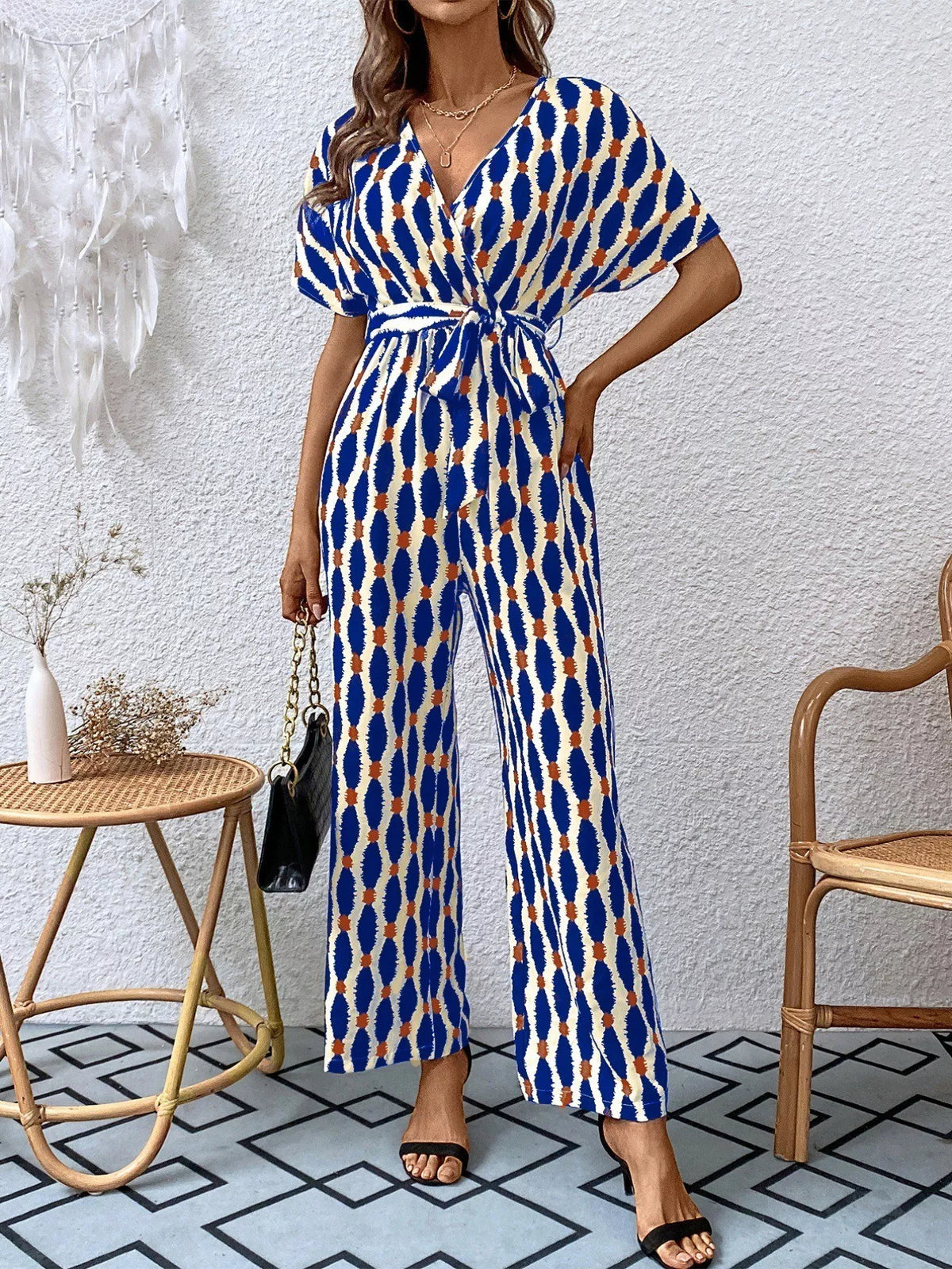 Printed Surplice Tie Waist Short Sleeve Jumpsuit